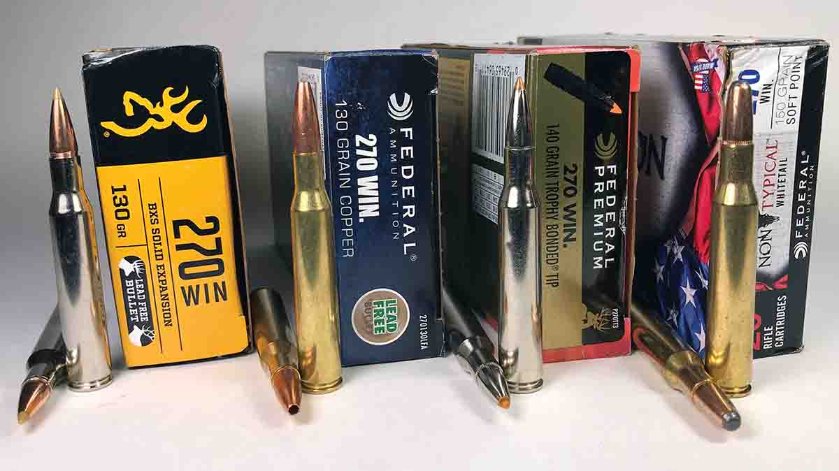 Factory loads shot in the Remington Mountain Rifle SS .270 Winchester included (left to right): Browning 130-grain BXS Solid Expansion, Federal Power-Shok 130 Copper, Federal Premium 140 Trophy Bonded Tip and Federal 150-grain Non-Typical Whitetail.